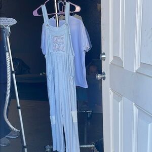 Light Blue Overalls with Floral Pocket